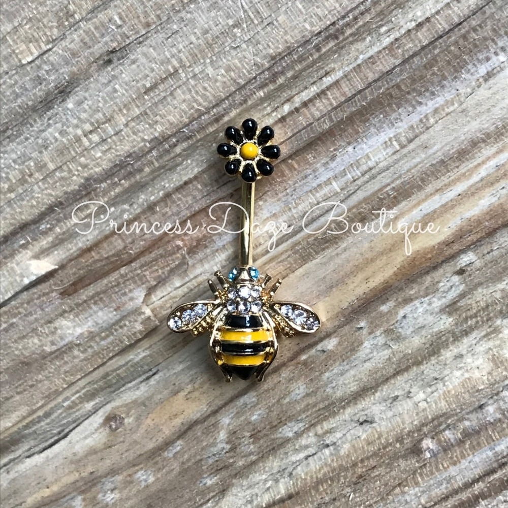 Gold Honey Bee Daisy‎ Flower Belly Button Ring Rhinestone Enamel Navel Jewelry
